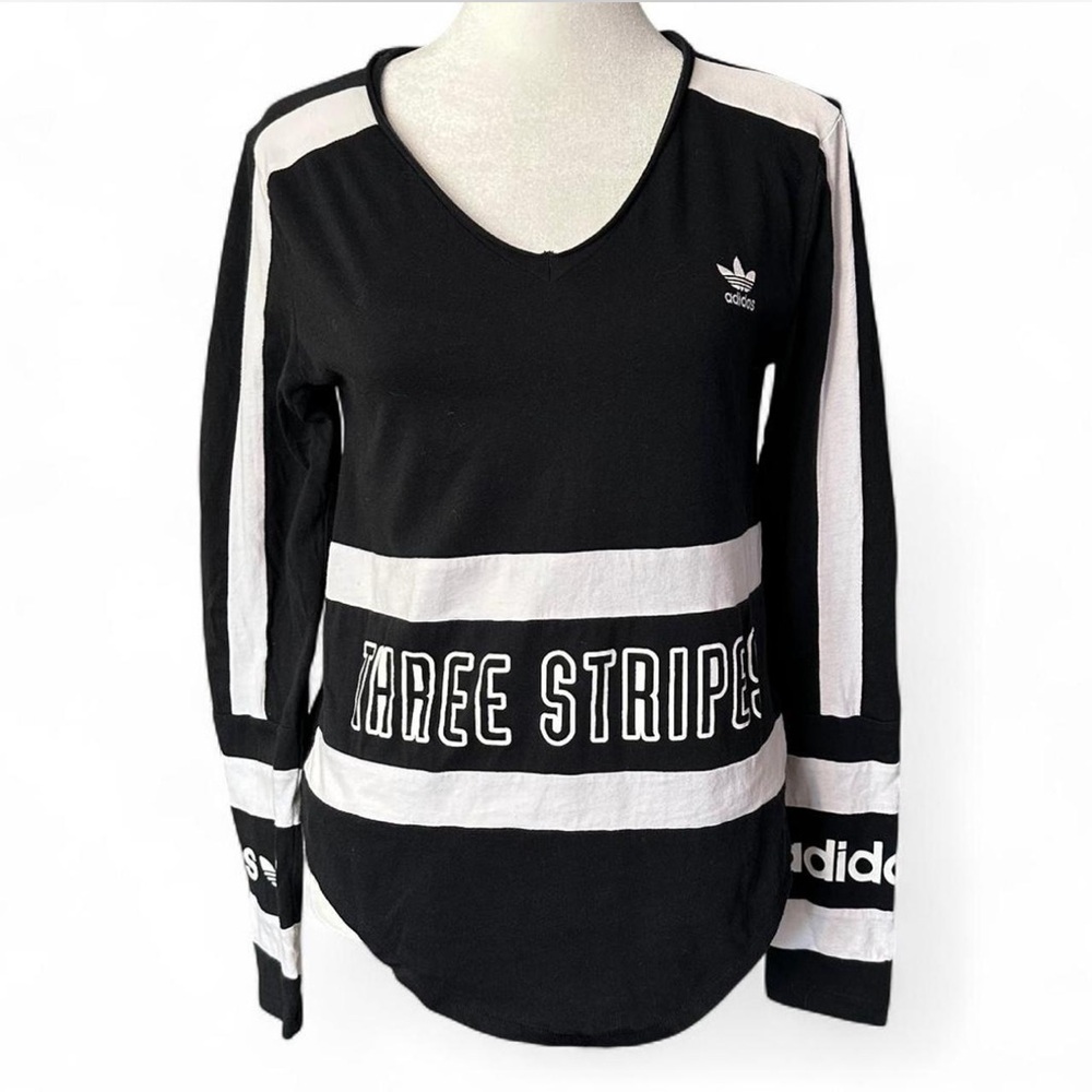 Adidas Black‎ and White V-Neck Long Sleeve 3 Stripe Logo Shirt Women’s Small